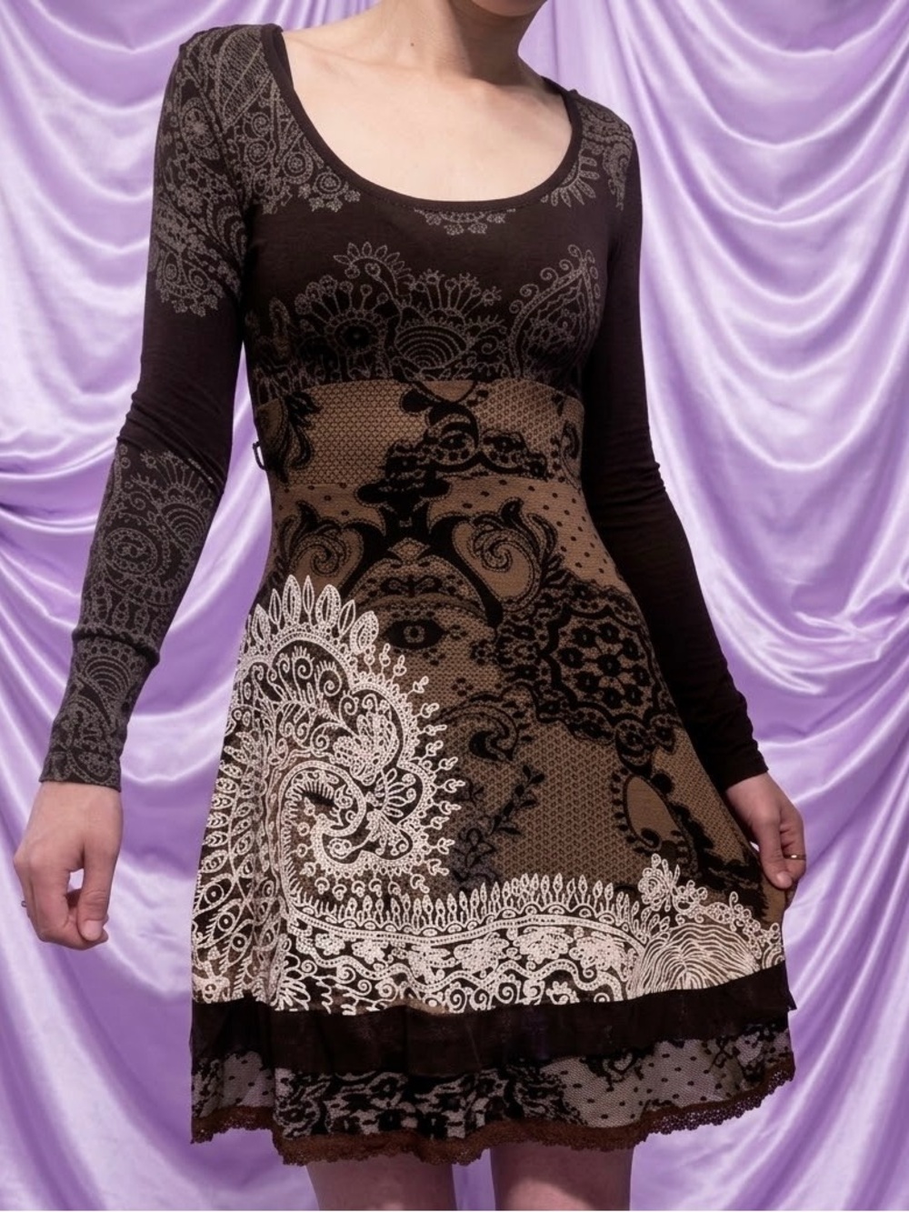Y2K Desingual Fairy Grunge Layered Lace Paisley Whimsigoth Dress S